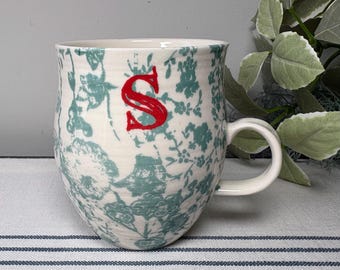 Anthropologie Coffee Mug ‘S’ Monogram Mug Green Botanical Cup Birthday Gift S Initial Mug