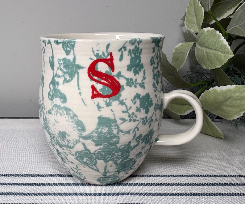 Anthropologie Coffee Mug ‘S’ Monogram Mug Green Botanical Cup Birthday Gift S Initial Mug image 1