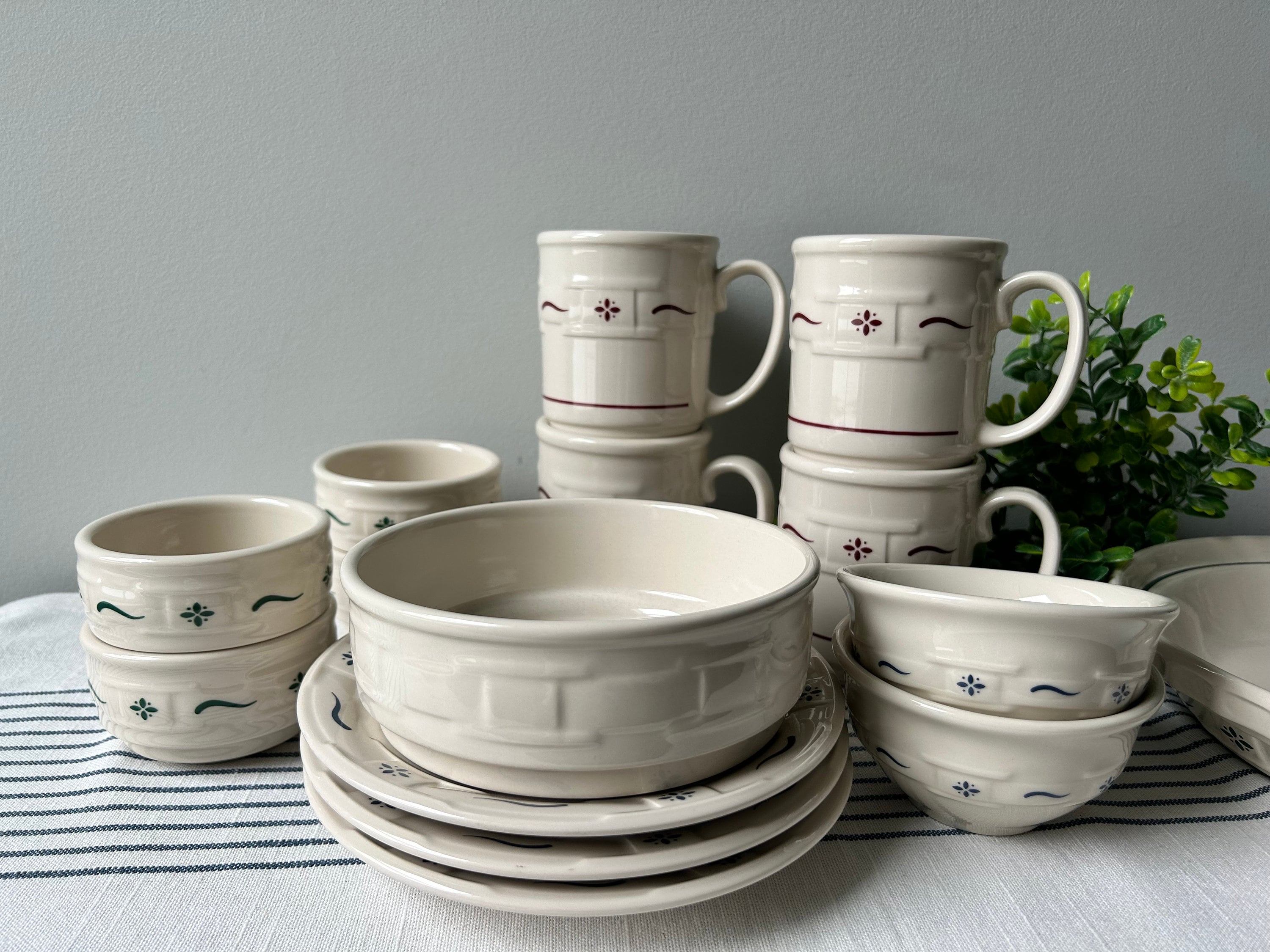 Longaberger Pottery Red Mugs Blue Plates Green Custard Ramekins Dessert Plate Ivory Woven Traditions Etsy