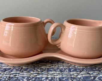 Vintage Fiesta Creamer & Sugar Set Pink Apricot with Tray Peach Homer Laughlin Retired Coffee Apricot Tea Set Retired Color