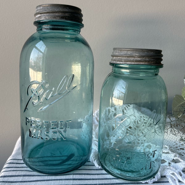 Antique Blue 1910 - 1923 Ball Jars Half Gallon and Quart Mason Jar with Zinc Lid Clear Aqua Blue Canning Jar Farmhouse Decor