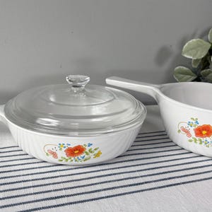 Vintage Corning Ware Saucepan ~ Covered Saucepan ~ Orange Wildflower Pattern ~ PYREX Lid ~ P83B & P89B