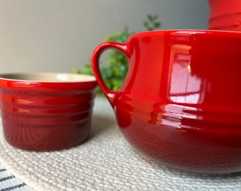 Le Creuset Red Stoneware Ramekin ~ Custard Cup ~ Small Crock ~  Bowl Sugar Bowl Cerise Cherry Red Ombré