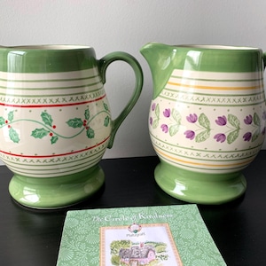 Pfaltzgraff 8” Large Pitchers Lavender & Holly Botanicals ~ Merriweather 48oz “Circle of Kindness” Collection Striped Stoneware
