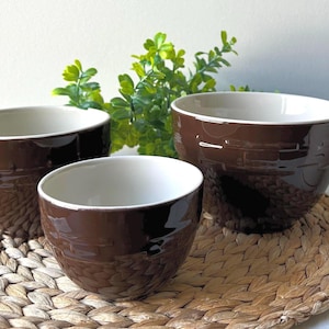 Longaberger Pottery Set of 3 Mixing Bowls Brown Woven Traditions Chocolate Brown Nesting Bowls Farmhouse Kitchen Stoneware ~ Fall Kitchen