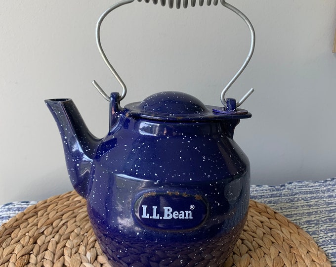 Vintage LLBEAN Blue Enamel Cast Iron Kettle White Speckle Stove Tea Pot