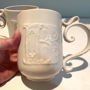 Pottery Barn Mug Alphabet White ‘B’ Monogram Coffee Mug White Scrolled Stoneware Cup Wedding ~ Birthday Gift ~ B Initial Mug