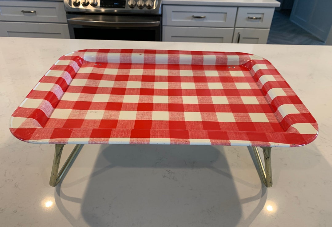 Vintage Folding TV Tray Bed Red and White Gingham Check Folding Lap