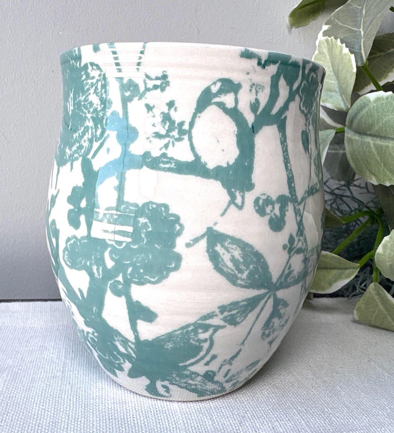 Anthropologie Coffee Mug ‘S’ Monogram Mug Green Botanical Cup Birthday Gift S Initial Mug image 5