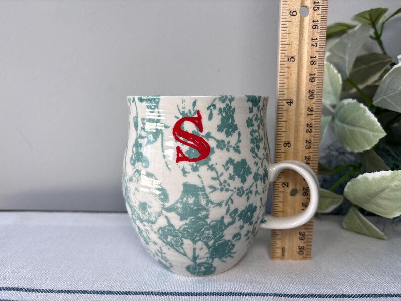 Anthropologie Coffee Mug ‘S’ Monogram Mug Green Botanical Cup Birthday Gift S Initial Mug image 10