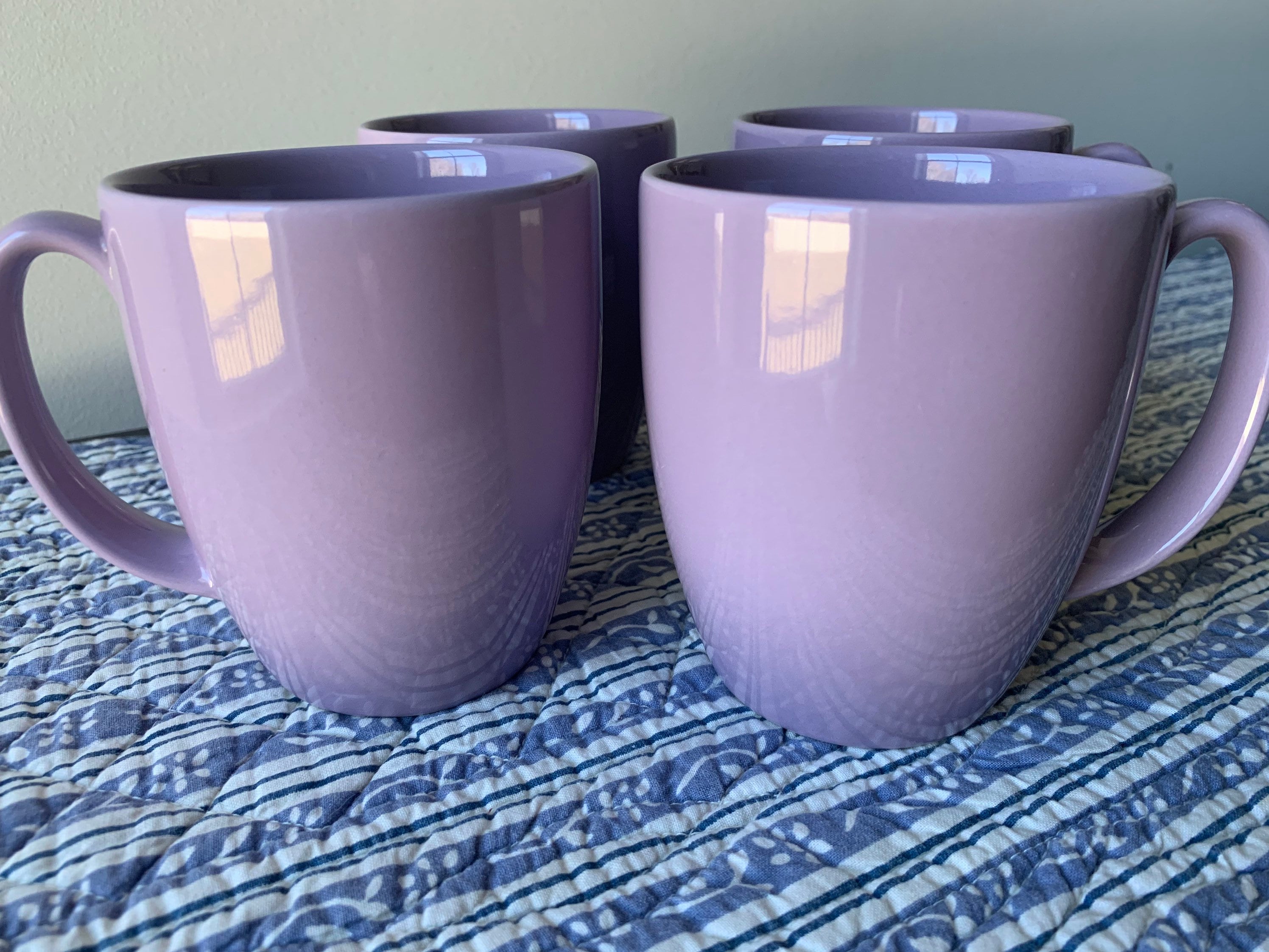 Corelle stoneware coffee mugs, lavender purple solid lilac color