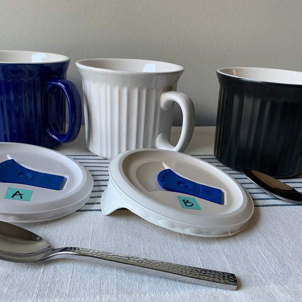 Large Soup Bowls with Handle and Lid Blue and French White Soup Mug Large Cup Beverage Ribbed Corelle Corning Ware Colours