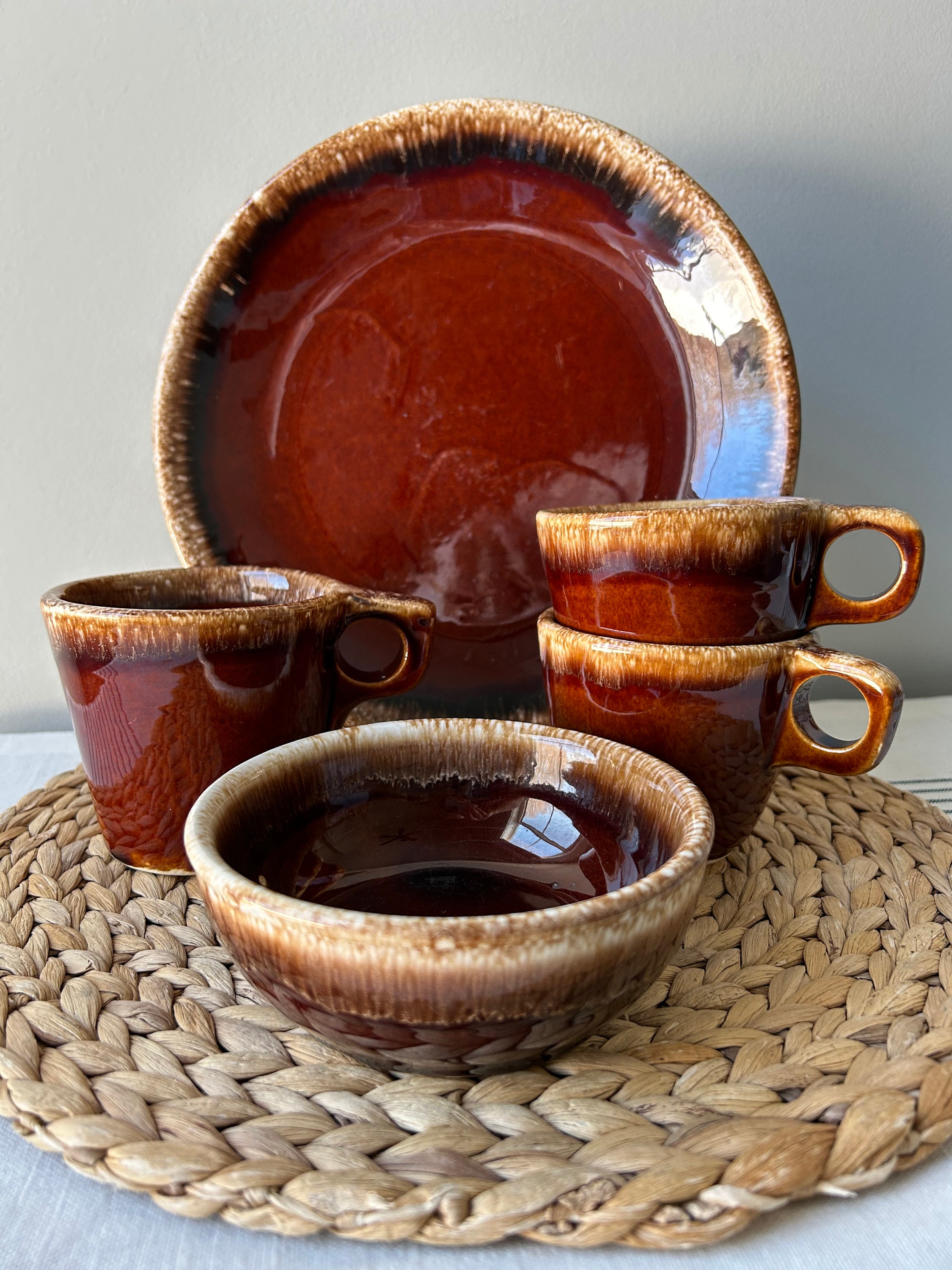 Stoneware Brown Antique Dishes Vintage Hull Brown Drip Mugs Dish