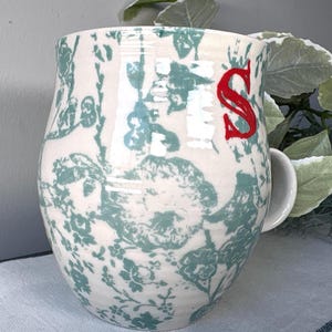 Anthropologie Coffee Mug ‘S’ Monogram Mug Green Botanical Cup Birthday Gift S Initial Mug image 7