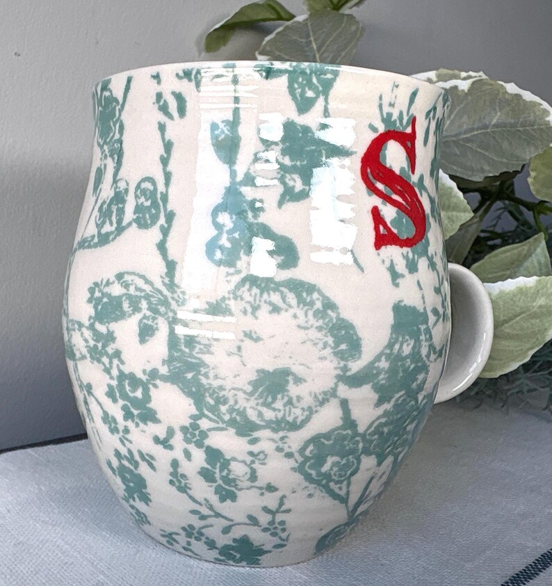 Anthropologie Coffee Mug ‘S’ Monogram Mug Green Botanical Cup Birthday Gift S Initial Mug image 7