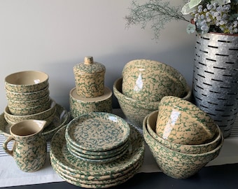 RRPCo Roseville Green Spongeware Pottery Mixing Bowls Stoneware Bowls Pitcher Primitive Crocks Tan Glazed Pottery