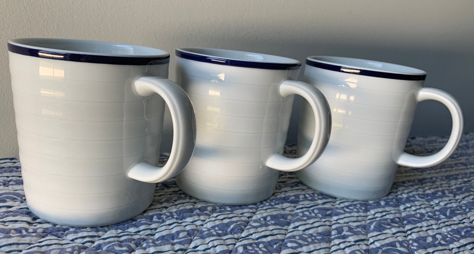 Crate & Barrel Set of 3 Mugs White with Navy Blue Rim Etsy