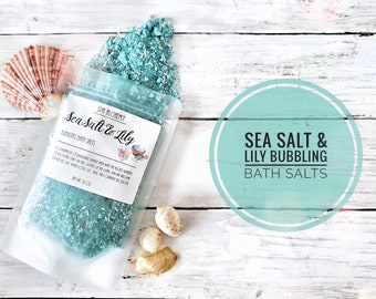 Sea Salt & Lily Bubbling Bath Salts | Turquoise Bubble Bath Soak | Gift for Her | Self Care