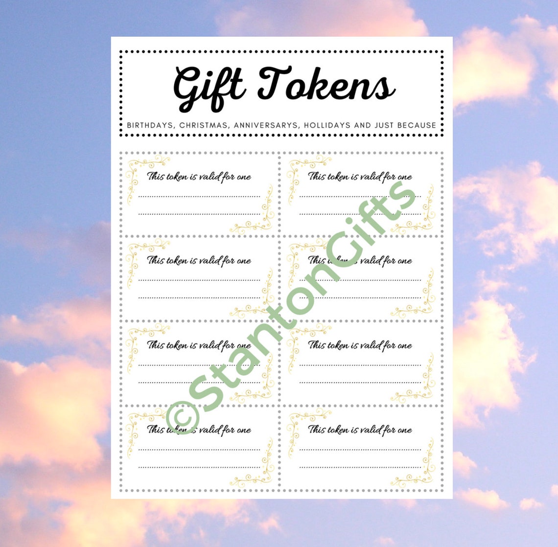 Gift Tokens Digital Download Printable Birthdays Etsy