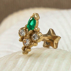 14K Gold Green Diamond Piercing Stud,  Shining Cross Piercing, Solid Gold Piercing,