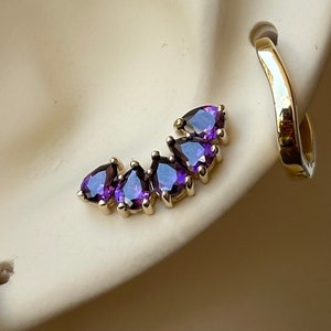 Pendiente de oro macizo de 14 quilates y topacio morado de talla marquesa, pendiente de lóbulo, perforación con rosca, pendiente de hélice, perforación de cartílago, joyería para perforación