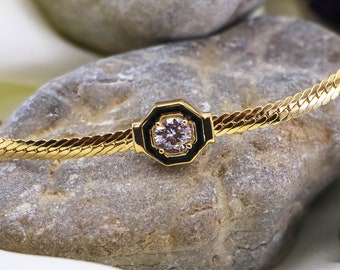 14K Gold Plated Flat Curb Chain Bracelet | Cubic Zirconia Bracelet | Solitaire Bracelet With a Zircon Gemstones | Dainty Silver Bracelet