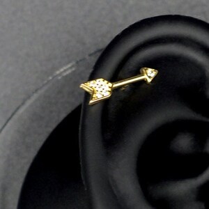 14K Solid Gold Arrow Stud Stone Helix Piercing, Minimalist Gold Tragus Piercing, Gold Cartilage Piercing, Elegant Solid Gold Stud Earring