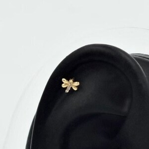 14K Gold Dragonfly Cartilage Piercing, Solid Gold Animal Helix Piercing, Cute Animal Stud Earring, Dragonfly Gold Tragus Piercing