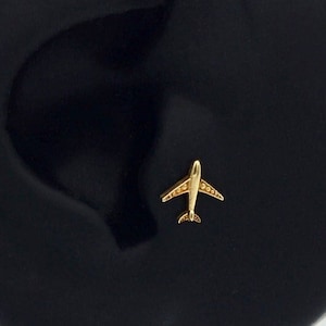 14K Gold Flugzeug Tragus Piercing, Massives Gold Flugzeug Helix Piercing, Niedliche Ohrstecker, Flugzeug Tragus Piercing, Ohrstecker