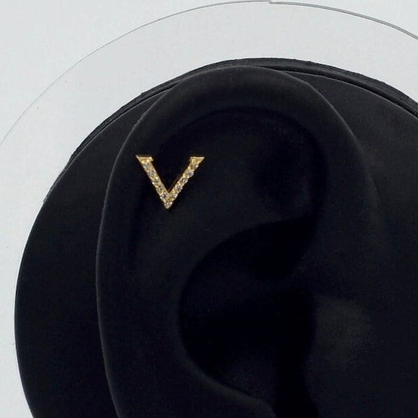 14K Gold V Initial Helix Piercing, Dainty Letter Stud Earrings, Monogram Gold Stud Piercing, Custom Alphabet Tragus Piercing