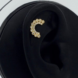 14K Gold Double Row Stone Half Moon Helix Piercing, Zircon Stones Gold Stud Piercing, Minimalist Gold Cartilage Piercing, Gold Stud Earring