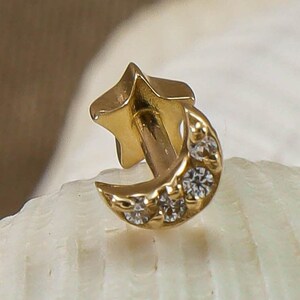 Customized Cubic Zirconia Gold Moon Earrings,  Minimalist Celestial CZ Piercing for Her