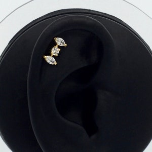 14K Solid Gold Three Zircon Stone Helix Piercing, Gold Cartilage Piercing, Minimalist Gold Earring, Gold Tiny Stud Piercing