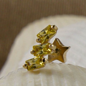 14K Solid Gold Tiny 3 Baguette Yellow Stone Piercing | Minimalist Dainty Piercing | Yellow Stone Earrings | Baguette Cut Cartilage Earrings
