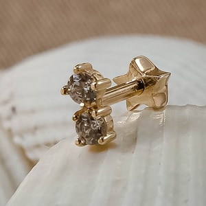 14K Solid Gold Two Stone Earring | Double Drop CZ Studs | Minimal Cartilage Earlobe Piercing | Round Duo Stud | Minimal Jewelry | Helix Ear