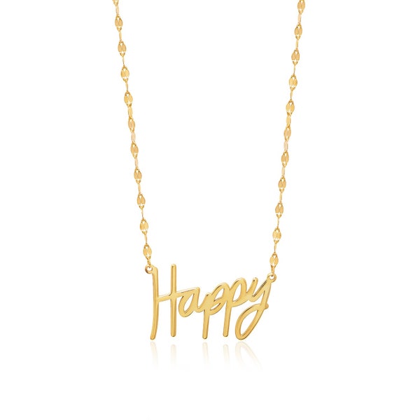 Gold Happy Necklace, Happy Word Charm Pendant