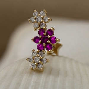 14K Gold Triple Flower Piercing, Solid Gold Purple Stone Earring, Stud Cartilage Piercing for Mothers Day Gifts