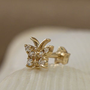 Gold Minimalist Pave Butterfly Earrings Gifts for Her,  Butterfly Labret Stud Piercing, Solid Gold Butterfly Piercing