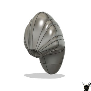 May include: A 3D printed model of a grey, stylised, organic shape with a rounded, textured surface. The shape has a hole in the centre and resembles a seashell.