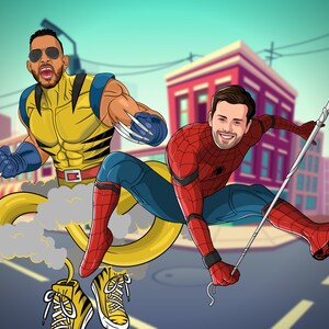Superhelden-Cartoon-Zeichnung, Superhelden-Kunst, Superhelden-Paarkunst, Superhelden-Familienkunst, Superheldenmalerei, Porträtgeschenke