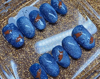 Blue Cat Eye Press-On Nails: Hand-Painted Little Fish Design
