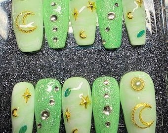 Hand Painted Green Press On Nails: Celestial Nail Art, Reusable Faux Nails  No AI Hand made hand painted!