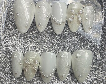 Handmade Pearl White Press On Nails with 3D Bow – Elegant Bridal Almond Shape