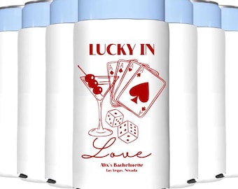 Lucky in Love Vegas Bachelorette Slim Can Koozies • Vegas Bachelorette • Vegas Slim Can Coolers • Vegas Bride Tribe • Lucky in Love