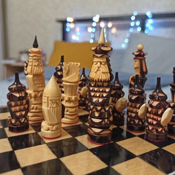 Russian carved wooden chess set medieval knights