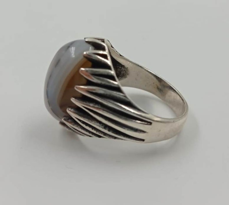 White Agate 925 Silver Mens Statement Ring Vintage Gemstone Engraved 925 Sterling Wedding Band Mystic Ottoman Empire Jewelry Gift Him