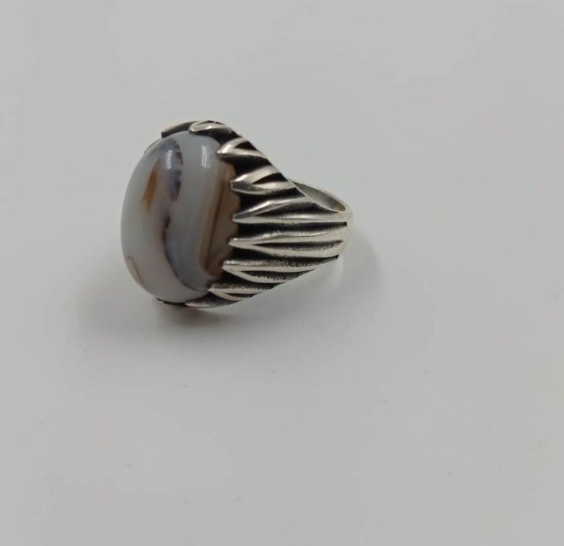 White Agate 925 Silver Mens Statement Ring Vintage Gemstone Engraved 925 Sterling Wedding Band Mystic Ottoman Empire Jewelry Gift Him