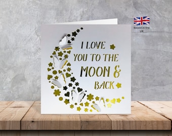 Handmade white and gold I love you to the moon and back 3D pop up butterfly Valentines/Anniversary card