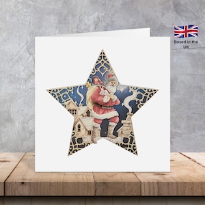 Carte de Noël étoile 3D Père Noël sur les toits | Cartes de Noël Père Noël | Cartes Scène de Noël | Étoiles de Noël | Carte de Noël en couches