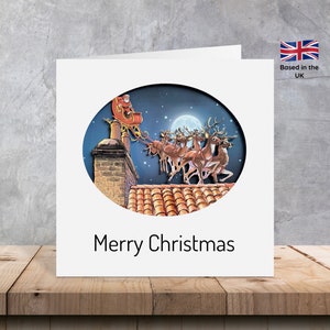 Tarjetas de Navidad 3D con trineo de Papá Noel sobre los tejados / Tarjetas de escenas navideñas / Tarjetas de Navidad de renos / Tarjetas de Navidad de Papá Noel / Tarjetas 3D